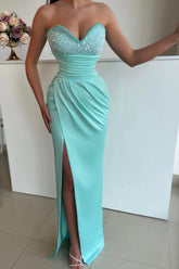 Sweetheart Sleeveless Light Blue Prom Dress Front Split With Beads