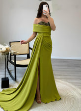Sweetheart Sleeveless Satin Prom Dresses with Elastic Sweep Train Sheath-27dress