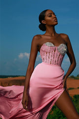 Sweetheart Split Pink Mermaid Prom Dress Beading With Lace Appliques
