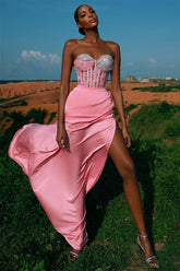 Sweetheart Split Pink Mermaid Prom Dress Beading With Lace Appliques