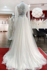Sweetheart Tulle Beadings Lace Appliques Wedding Dresses With Long Sleeves-27dress