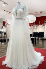 Sweetheart Tulle Beadings Lace Appliques Wedding Dresses With Long Sleeves-27dress