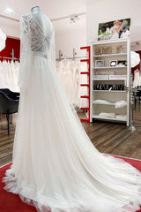 Sweetheart Tulle Beadings Lace Appliques Wedding Dresses With Long Sleeves-27dress