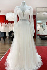 Sweetheart Tulle Beadings Lace Appliques Wedding Dresses With Long Sleeves-27dress