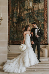 Sweetheart V-Neck Wedding Dress Mermaid Tulle Layered-27dress