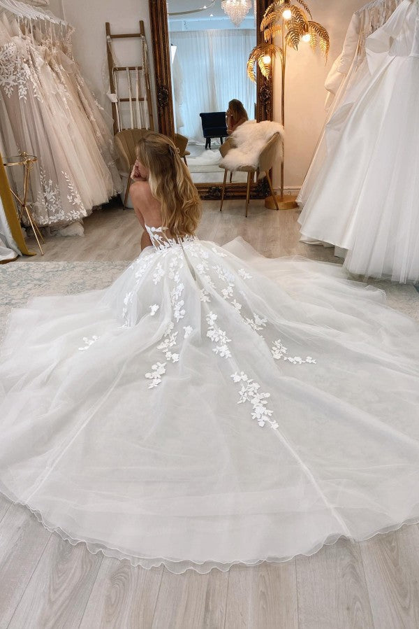 Sweetheart White Wedding Dress Princess Long Slit With Appliques-27dress