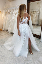 Sweetheart White Wedding Dress Princess Long Slit With Appliques-27dress