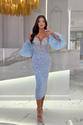 Tea Length Light Blue Beaded Prom Dress Sequins With Puffy Sleeves