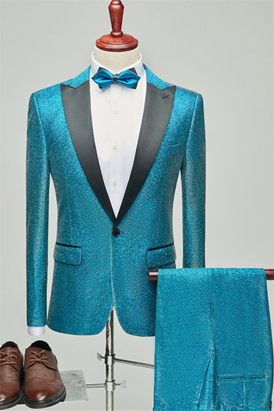 Sequins Peaked Lapel Two Pieces Teal Blue Prom Suits