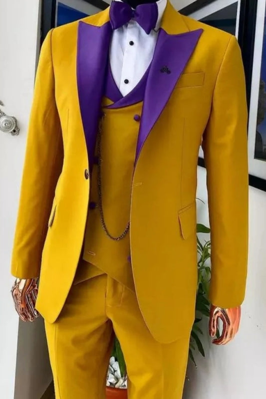 Three Pieces Prom Suits With Purple Lapel