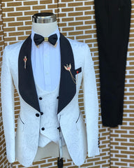 Three Pieces Jacquard Bespoke White Wedding Suits With Black Lapel