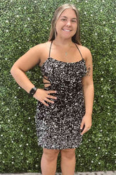 Tie Back Silver Sequins Bodycon Homecoming Dress