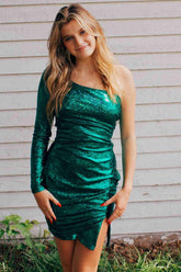Tight Glitter One Shoulder Emerald Green Homecoming Dress-27dress