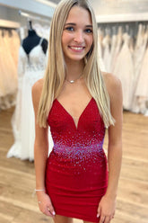 Tight Red V-Neck Short Homecoming Dress with Rhinestones