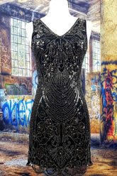 Tight V-Neck Beaded Black Short Homecoming Dress