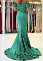 Trumpet/Mermaid Off-the-Shoulder Satin Prom Dress With Pleated Sweep Train-27dress