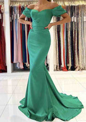 Trumpet/Mermaid Off-the-Shoulder Satin Prom Dress With Pleated Sweep Train-27dress