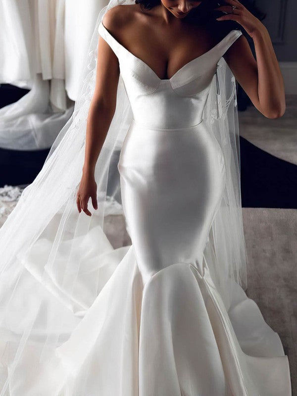 Trumpet/Mermaid Off-the-shoulder Satin Sweep Train Wedding Dress