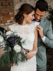 Trumpet/Mermaid Scoop Neck Lace Sweep Train Wedding Dress With Sashes / Ribbons