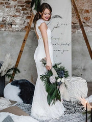 Trumpet/Mermaid Scoop Neck Lace Sweep Train Wedding Dress With Sashes / Ribbons