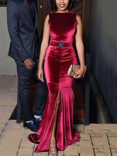 Trumpet/Mermaid Scoop Neck Velvet Prom Dresses with Sashes & Ribbons Sweep Train