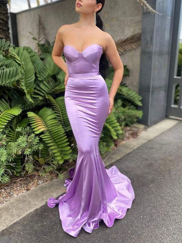 Trumpet/Mermaid Sweetheart Silk-like Satin Prom Dresses with Sweep Train