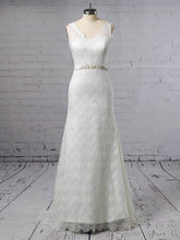 Trumpet/Mermaid V-neck Lace Sweep Train Wedding Dress With Sashes/Ribbons