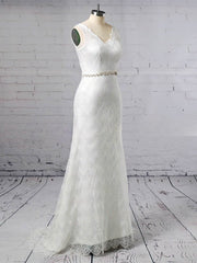 Trumpet/Mermaid V-neck Lace Sweep Train Wedding Dress With Sashes/Ribbons