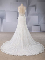 Trumpet/Mermaid V-neck Tulle Sweep Train Wedding Dress with Appliques Lace