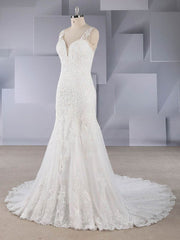 Trumpet/Mermaid V-neck Tulle Sweep Train Wedding Dress with Appliques Lace