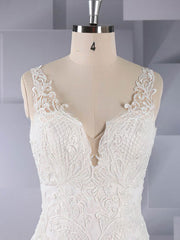 Trumpet/Mermaid V-neck Tulle Sweep Train Wedding Dress with Appliques Lace