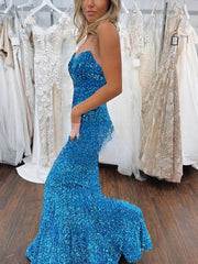 Trumpet/Mermaid V-neck Velvet Sequins Prom Dresses with Sweep Train