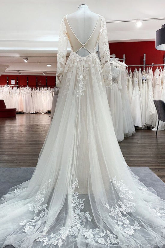 Tulle Ivory Long Sleeves Lace Appliques Wedding Dresses Long-27dress