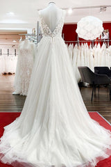 Tulle Lace V Neck White Ruffles Wedding Dresses With Lace-27dress