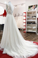 Tulle Lace V Neck White Ruffles Wedding Dresses With Lace-27dress