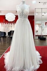 Tulle Lace V Neck White Ruffles Wedding Dresses With Lace-27dress