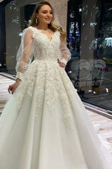 Tulle Long Sleeves Ball Gown Wedding Dress With Lace Appliques-27dress