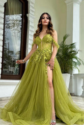 Tulle Off the Shoulder Sweetheart Sleeveless Split Prom Dress With Appliques