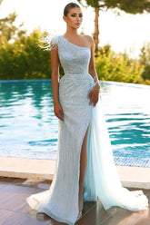 Tulle One Shoulder Sleeveless Long Split Sequins Prom Dress With Feather