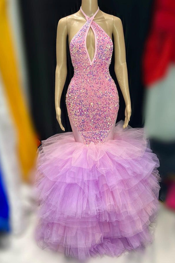 Tulle Prom Dress Sequins Mermaid Halter Sleeveless with Sequins