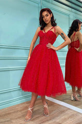 Tulle Red Spaghetti Strap Sweetheart Sleeveless Pearls Prom Dress On Sale