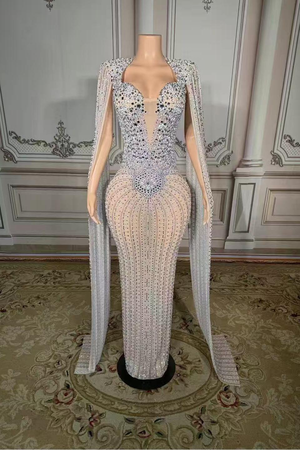 Tulle Sleeveless Long Sheath Evening Dress with Diamonds-27dress