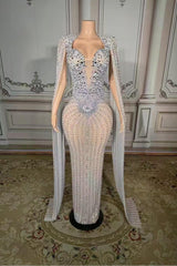 Tulle Sleeveless Long Sheath Evening Dress with Diamonds-27dress