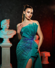 Tulle Sleeveless Shining Strapless Beading Front Split Prom Dress
