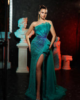 Tulle Sleeveless Shining Strapless Beading Front Split Prom Dress