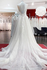 Tulle Sleevless Ruffles Jewel A-Line Wedding Dresses With Lace Appliques-27dress