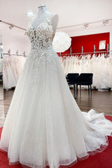 Tulle Sleevless Ruffles Jewel A-Line Wedding Dresses With Lace Appliques-27dress