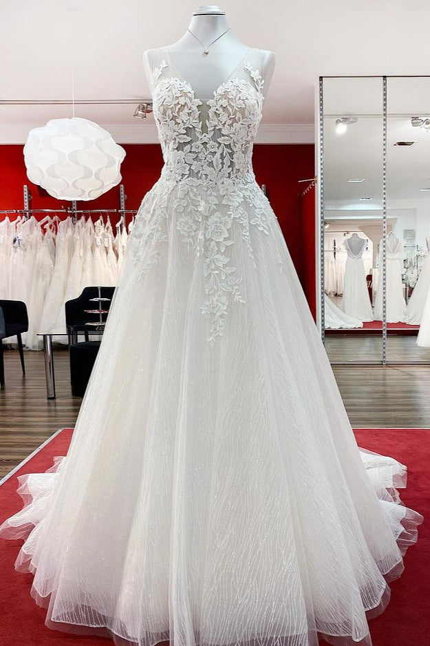 Tulle Sleevless Ruffles Jewel A-Line Wedding Dresses With Lace Appliques-27dress