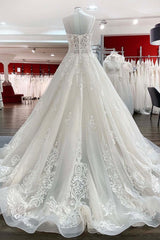 Tulle Spaghetti Straps V Neck Lace Ruffles Ivory Wedding Dresses-27dress
