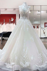 Tulle Spaghetti Straps V Neck Lace Ruffles Ivory Wedding Dresses-27dress